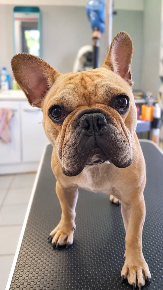 Bouledogue français au salon, regard curieux chez Pat’toutnet
