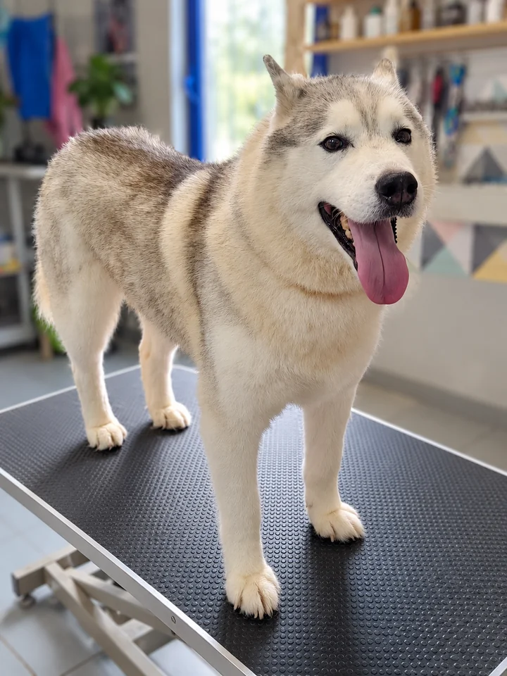 Husky gris et blanc après toilettage au salon Pat’toutnet