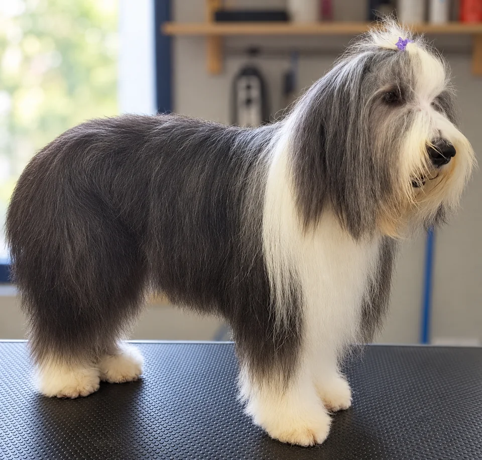 Chien au long pelage gris et blanc sur la table de toilettage