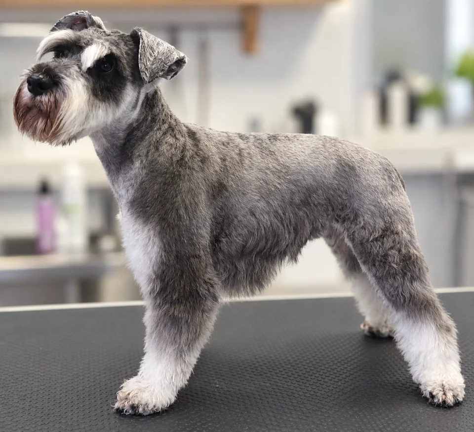 Schnauzer gris de profil, lumière douce chez Pat’toutnet